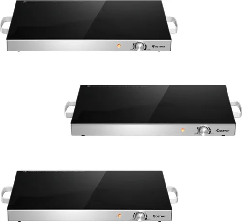 Miniatura 16 de COSTWAY Bandeja de calentamiento eléctrica con temperatura ajustable y asas integradas, calentador de alimentos con parte superior de vidrio