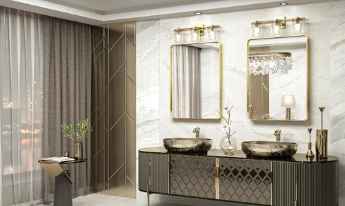Miniatura 2 de TokeShimi - Espejo rectangular para pared de baño, con marco de metal de latón dorado cepillado y esquinas redondeadas, 24 x 32 pulgadas Oro
