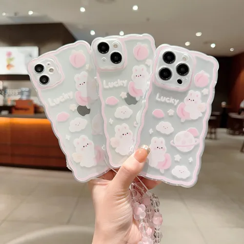 Miniatura 3 de Funda compatible con iPhone 11 Pro Max, bonito patrón de conejo melocotón de dibujos animados con bonito diseño de cadena para mujeres y niñas