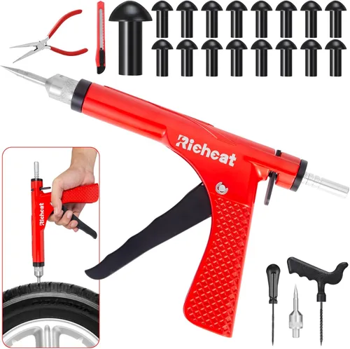 Richcat Kit de Reparación de Pinchazos de Neumáticos sin Cámara con Tapón de Hongo, Repara Pinchazos y Neumáticos Desinflados para Motocicletas,