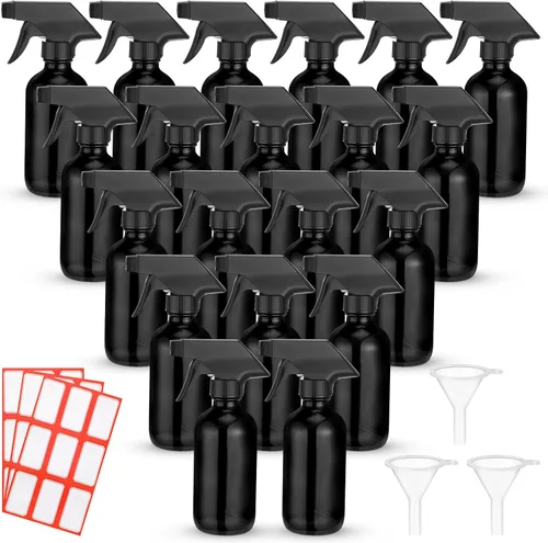 Norme 24 botellas de vidrio con embudos y etiquetas, recipientes vacíos recargables de 8 onzas con gatillo para soluciones de limpieza de aceites
