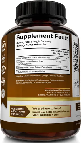 Miniatura 7 de NutriFlair Curcumina de cúrcuma con BioPerine - Suplemento de cúrcuma de 1300 mg, extracto de curcuminoides estandarizado al 95% con pimienta negra