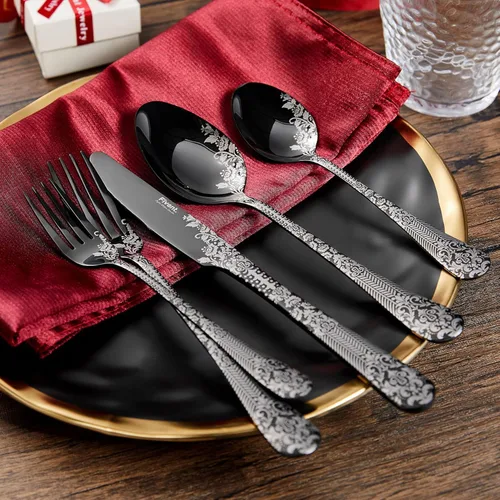 Miniatura 6 de Juego de cubiertos de damasco floral negro rosa – 20 piezas – Incluye 8 cucharas, 8 x tenedores, 4 cuchillos – acero inoxidable – apto