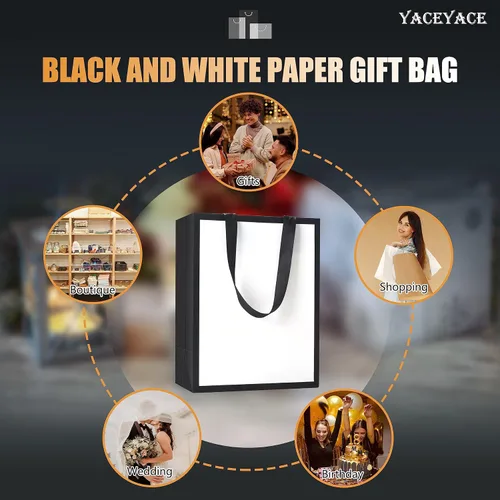 Miniatura 7 de Bolsas de regalo blancas y negras de tamaño mediano, 10 unidades de 8 x 4.25 x 10.5 pulgadas, papel kraft biodegradable, asas de cinta, perfectas