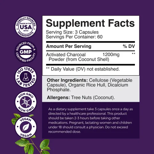Miniatura 7 de Natures Craft Píldoras de carbón activado, desintoxicación y limpieza, cápsulas purificadoras de coco con 1200 mg por porción para aliviar