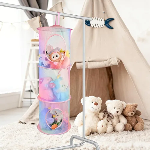 Miniatura 2 de ChezMax Almacenamiento de malla colgante para animales de peluche, 3 niveles, paquete de 2 unidades, organizador de red grande para animales
