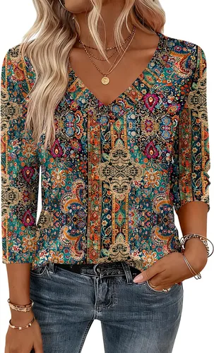 Miniatura 22 de Zeagoo Camisetas de manga 3/4 para mujer, cuello en V, blusa casual elegante, camisetas básicas 2026, ropa de moda S-2XL