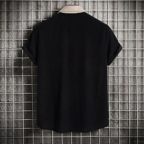 Miniatura 5 de Camiseta de manga corta con estampado de patchwork de lino y algodón para Hombre, blusa con botones bolsillo hawaiano