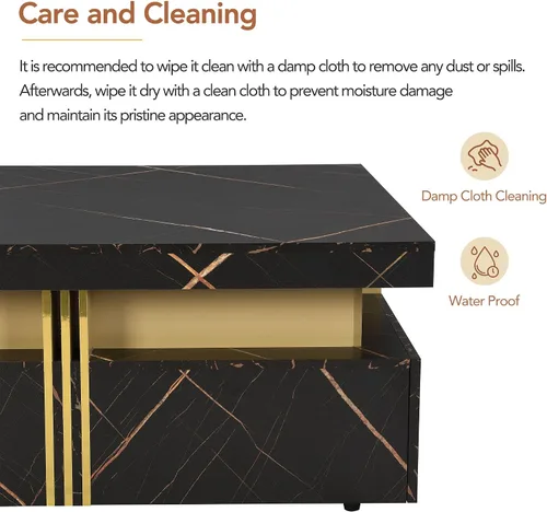Miniatura 6 de SSLine Moderna mesa de centro cuadrada de color negro y dorado, mesa de centro de cóctel de mármol sintético de lujo con 4 cajones