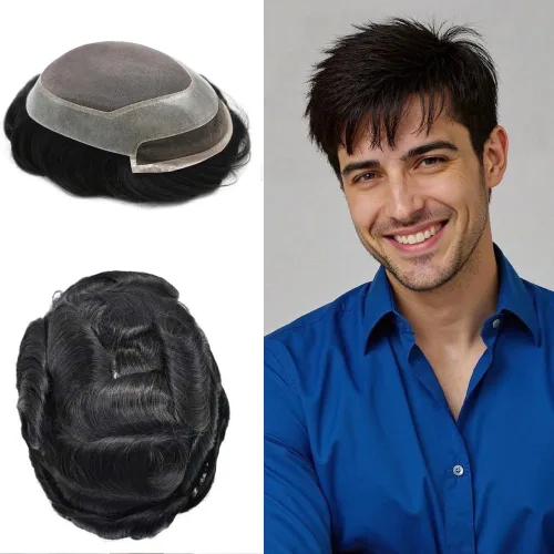 Miniatura 18 de Tupé de pelo para hombres Cabello humano para hombre Hairpieces y tupés Durable Fine Monofilament Mens Hair System Lace Front Mens Toupee Mens Hair