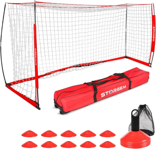 Miniatura 9 de Storgem Portería de Fútbol, Red de Fútbol, Porterías de Fútbol para Patio Trasero, con Marco de Lazo, Base Metálica Plegable y 15 Conos