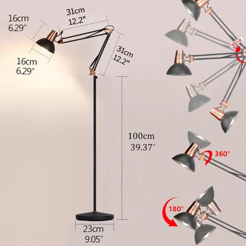 Miniatura 2 de Lámpara de pie LED FIRVRE, lámpara de pie giratoria vintage de metal, 3 modos de uso - lámpara de pie, lámpara de mesa y lámpara de clip, lámpara