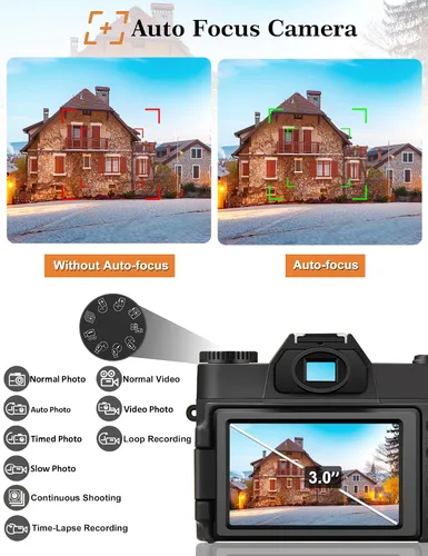 Miniatura 4 de Cámara de vlogging 4K 56MP para YouTube, cámara compacta de viaje para apuntar y disparar con lentes macro gran angular, 2 baterías, anti-vibración