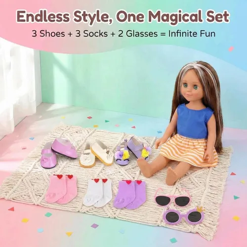 Miniatura 2 de MSYO Juego de 8 zapatos y accesorios de muñeca de 18 pulgadas, 3 pares de calzado de muñeca de moda, 3 pares de calcetines de corazón + 2 pares