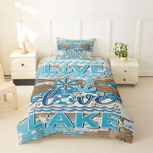 Miniatura 45 de Erosebridal Lake House Twin Bed Set for Boys Girls Kids, Blue and Beige Lakehouse 2Pcs Duvet Cover with Zipper, Rustic Farmhouse Bedding Sets
