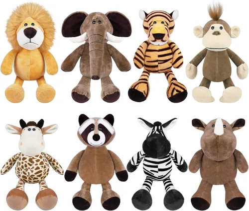 Elcoho Juego de 8 animales de peluche de safari de 9.8 pulgadas, animales de peluche de zoológico, lindos juguetes de peluche para fiestas temáticas