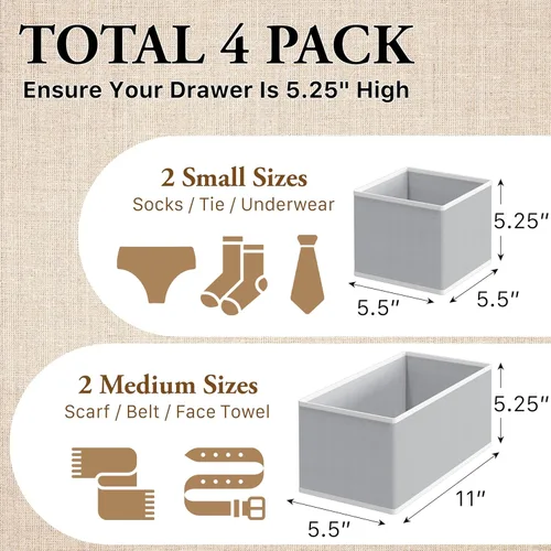 Miniatura 2 de Simple Houseware Organizador de cajones de ropa interior para calcetines, brasier, ropa interior, bragas, mameluco, plegable, juego de 4, gris
