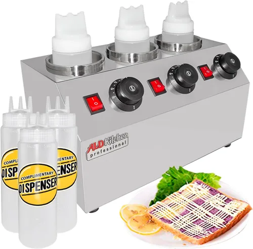 ALDKitchen Dispensador de salsa | Calentador eléctrico de salsa | Calentador de salsa comercial | Acero inoxidable | 110 V (3 cabezas)