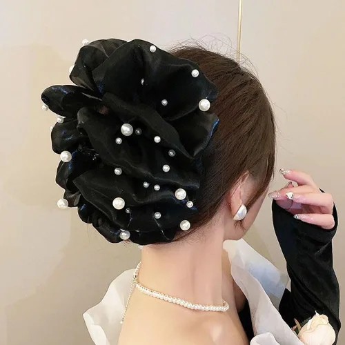 Miniatura 5 de Jaczora 2 pinzas para el pelo de seda de gasa, pinza grande de perlas con lazos, accesorios para el cabello para mujeres y niñas