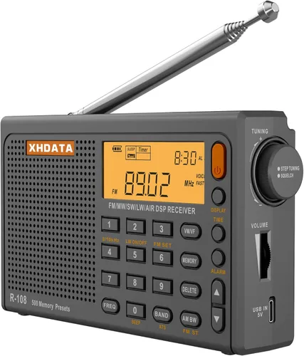 Miniatura 11 de XHDATA R108 Radio Portátil AM/FM/SW/LW/Airband Receptor de Onda Corta Radio Operado por Batería con Buena Recepción, Excelente Sonido Altavoz