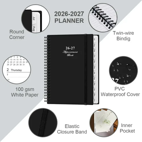 Miniatura 2 de Agenda diaria por hora 2026-2027 de julio de 2026 a junio de 2027, 12 pestañas mensuales, bolsillo interior, 6.4 x 8.5 pulgadas, color negro