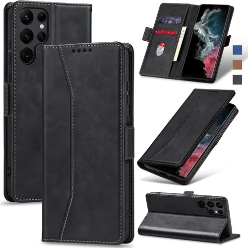 Jasonyu Funda tipo cartera con tapa para Samsung Galaxy S22 Ultra 5G, funda magnética de cuero con tarjetero, función atril, funda protectora Negro