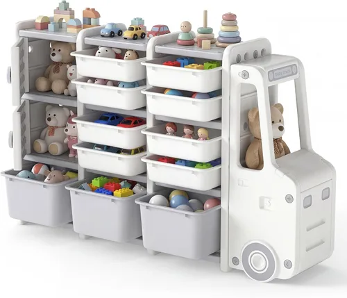 Costzon Organizador de almacenamiento de juguetes con forma de auto, estantería para juguetes de niños con 11 contenedores removibles, 2 gabinetes,