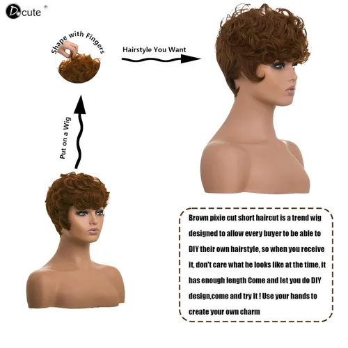 Miniatura 4 de DOcute - Pelucas Pixie cortas marrones para mujeres negras, peluca de reemplazo diario con corte Pixie y flequillo, pelucas rizadas cortas en capas