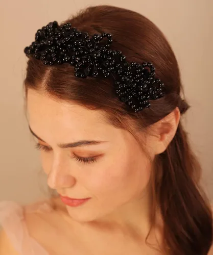 Xerling Diadema de perlas florales para niñas, accesorio para el cabello de novia, corona de cristal negro para fiesta, tocado, joyería (negro)