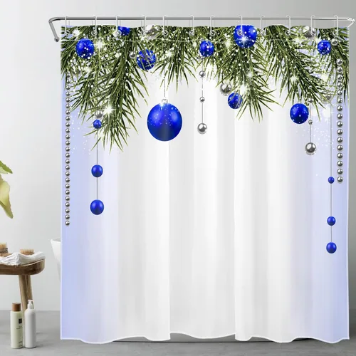 Miniatura 19 de Cortina de ducha de Feliz Navidad, bolas de Navidad azules y ramas de pino verde en tela blanca moderna, cortina de ducha para baño, cortina de baño