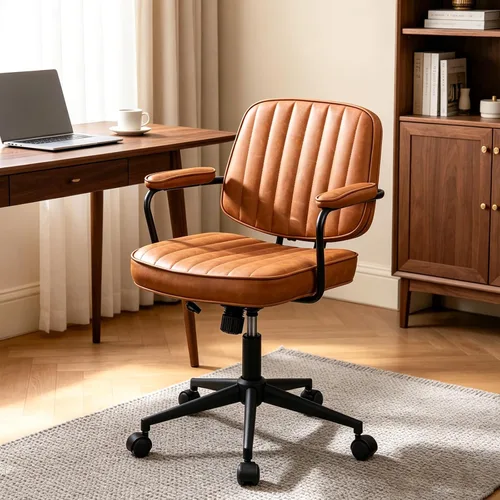 Silla de oficina moderna de mediados de siglo, silla de escritorio ergonómica de piel sintética con ruedas y brazos, silla giratoria ajustable para