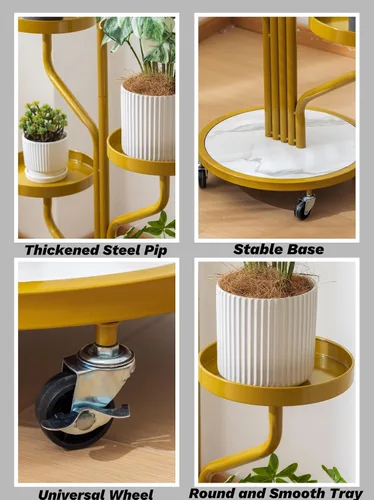 Miniatura 4 de CHPHI Soporte para plantas de hierro forjado de 4 niveles para interiores, estante alto de metal para múltiples plantas, soporte de metal con ruedas