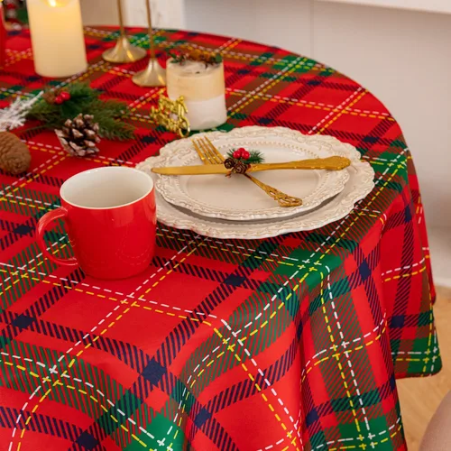 Miniatura 6 de Romanstile - Mantel rectangular rojo de cuadros navideño - 60 x 84 pulgadas - Funda de mesa a cuadros resistente a las manchas de agua, manteles