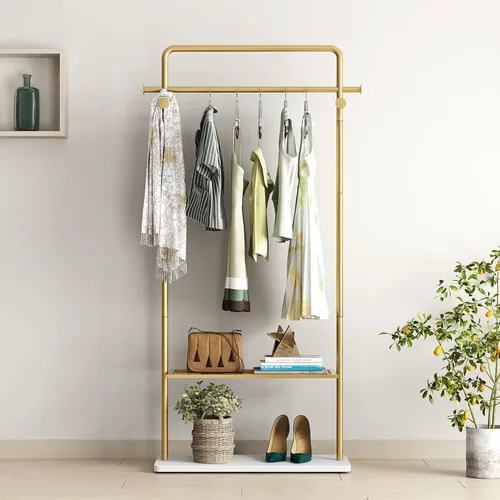 Miniatura 10 de TIEOU Percheros dorados con estante, percheros dorados resistentes para boutiques, perchero de metal independiente para colgar ropa, perchero Dorado