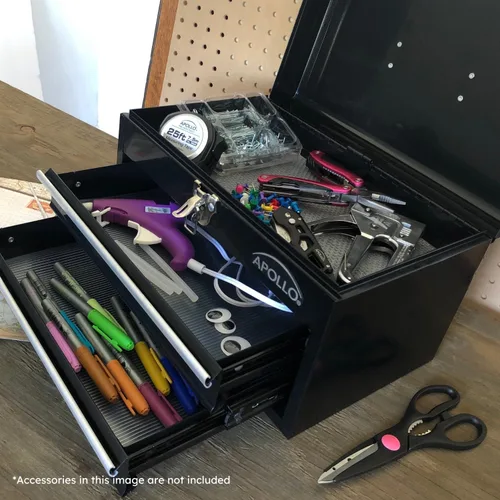Miniatura 6 de Apollo Tools - Caja de herramientas de acero de 14 pulgadas con compartimento superior profundo y 2 cajones de acero resistente con apertura de Negro