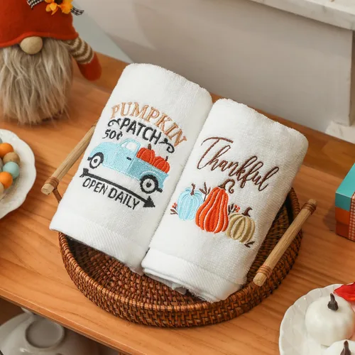 Miniatura 2 de Juego de 2 toallas de cocina de otoño, 100 % algodón, con diseño de calabaza, con bordado, toalla de mano de Acción de Gracias para baño y cocina