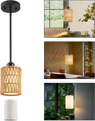 Lámpara Colgante Boho Lámpara Colgante - Pantalla 2 en 1 de Ratán y Lino, Luminaria de Luces Colgantes Ajustables para Isla de Cocina, Comedor, Casa
