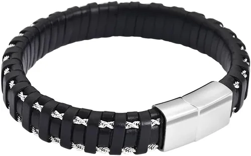 Miniatura 3 de Magna Steel - Pulsera trenzada de cuero auténtico con cierre magnético para hombre