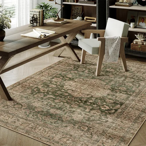 Miniatura 53 de Alfombra de área marrón lavable de 2 x 3 pies, alfombra vintage para entrada y cocina, antideslizante, suave, de pelo bajo desgastado, alfombra