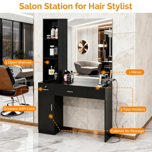 Miniatura 3 de OmySalon Estación de peluquería con espejo, estación de peluquería para estilista, equipo de spa de belleza de montaje en pared con 3 soportes