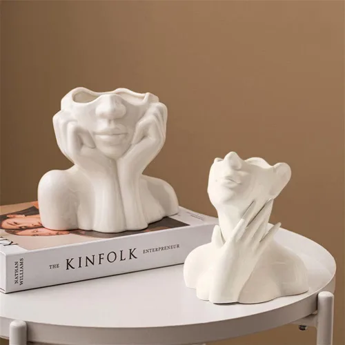 Miniatura 6 de Jarrón de Cara de Cerámica, Jarrones de Flores Blancas para Decoración Forma Femenina Cabeza Jarrón de Medio Cuerpo Boho Único Decorativo Estilo A
