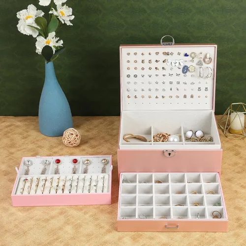 Miniatura 7 de BOOVO Joyero de pendientes para mujeres y niñas, organizador de joyas de 5 capas con candado, organizador de aretes, collar y anillos, caja