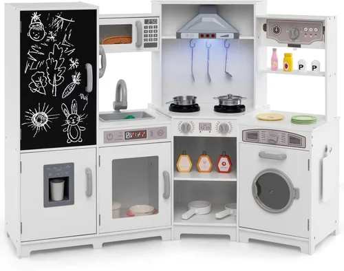 Miniatura 12 de Costzon Cocina de Esquina de Juguete con Luces, Sonidos, Gran Juego de Cocina de Pretensión con Pizarra, Microondas, Accesorios de Cocina, Juguete