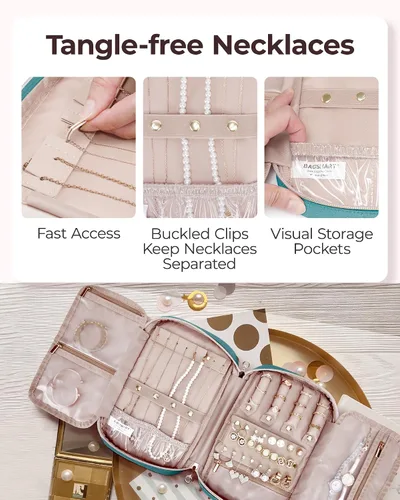 Miniatura 30 de BAGSMART - Estuche de joyería de viaje, organizador de joyas para mujeres y niñas, bolsa de almacenamiento con cierre para collares enrollados, Beige