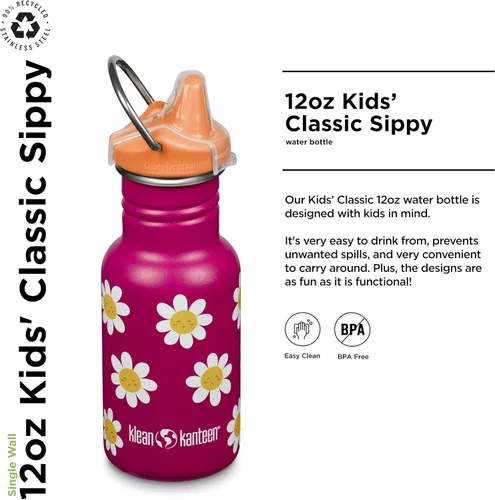 Miniatura 2 de Klean Kanteen Botella Sippy Clásica para Niños de 12 oz - Para Manos Pequeñas - Con Cubierta Antipolvo y Asa Adjuntable - Material de Acero
