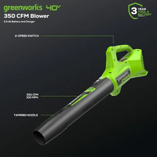 Miniatura 2 de Greenworks - Soplador de hojas axial inalámbrico de 40 V (100 m/hr, 350 CFM), incluye batería de 2.0 Ah y cargador