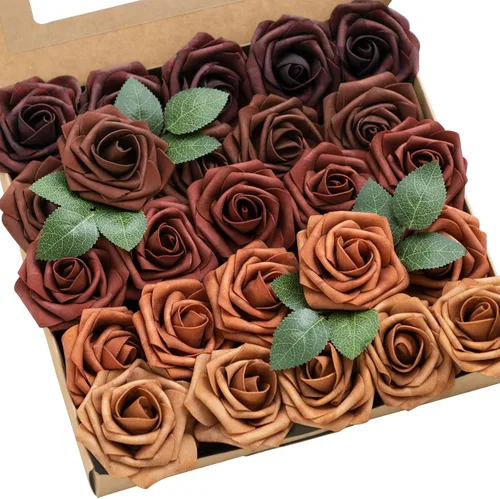 Ling's Moment - Flores artificiales, 25 unidades, rosas de 7.6 cm en tonos terracota, decoración de espuma realista para DIY, ramos y centros de