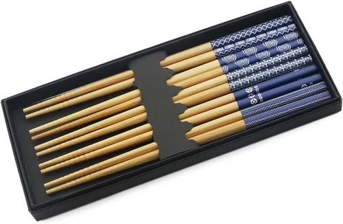 Miniatura 9 de Juego de 5 pares de palillos de bambú, reutilizables, estilo japonés, antideslizantes, juego de palillos clásicos de bambú natural, aptos