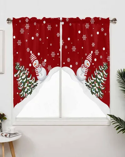 Miniatura 3 de BEMIGO Cortinas de cocina de Navidad, lindas cortinas de granja con muñeco de nieve azul, cenefa con bolsillo para barra de copos de nieve