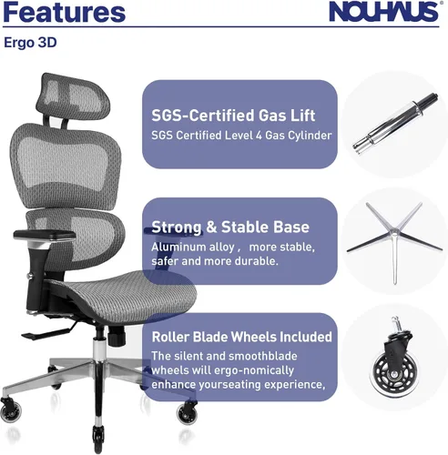 Miniatura 7 de Nouhaus Ergo3D - Silla de oficina ergonómica con soporte lumbar de malla con reposabrazos ajustable 4D, reposacabezas y ruedas ajustables, respaldo